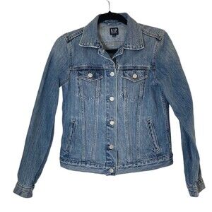 GAP Womens Denim Jean Jacket XS Medium Wash Buttons Distressing On Collar
